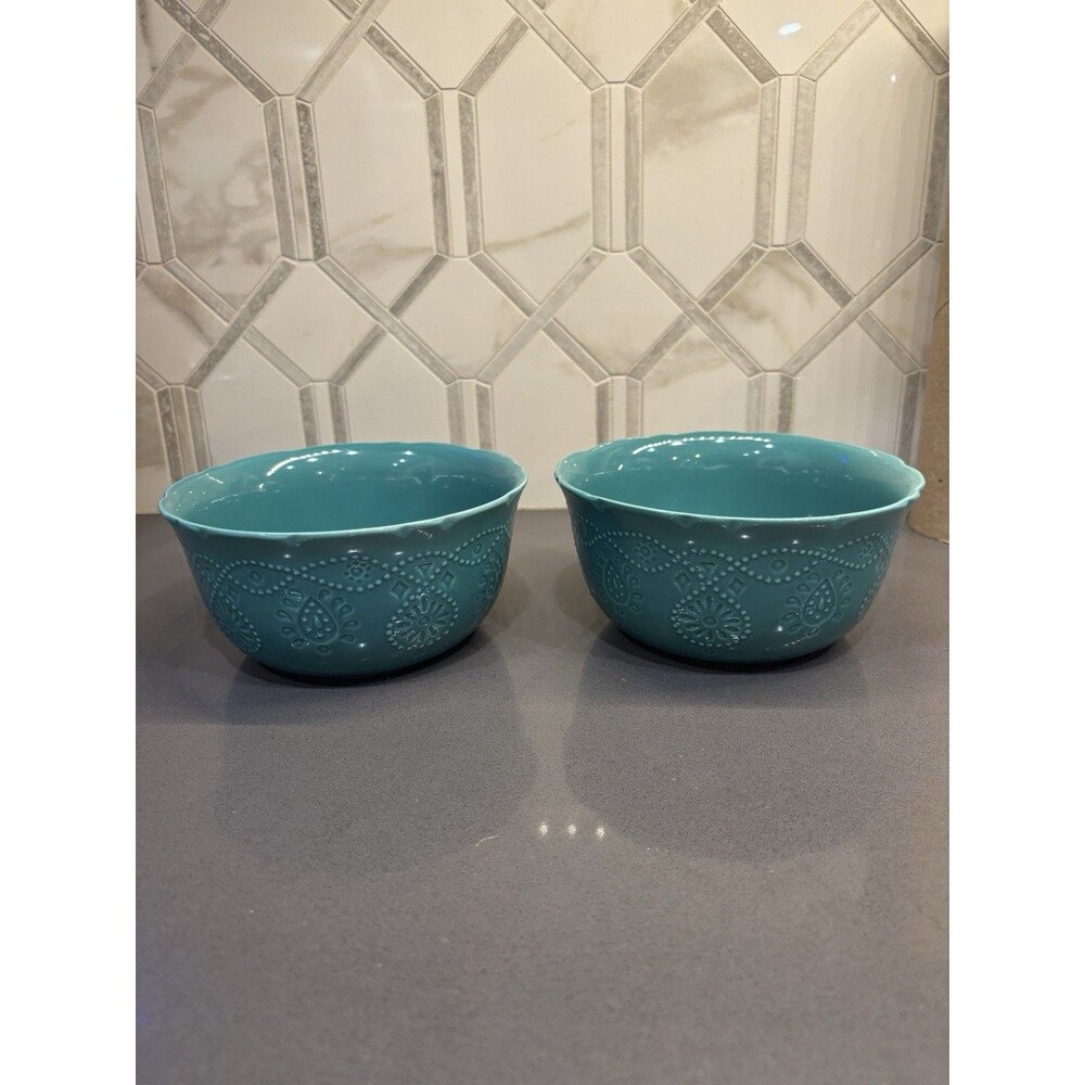 Set Of 2 Pioneer Woman Cowgirl Pattern Teal Blue Bowls Larger 6" Dia Soup Cereal